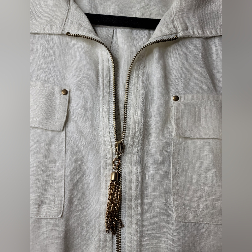 Ellen Tracy 100% White Linen Zip-Front Rolled-Sleeve Tunic Blouse size L - Picture 8 of 12